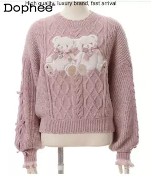 Женский пуловер с круглым вырезом, длинным рукавом и бантом