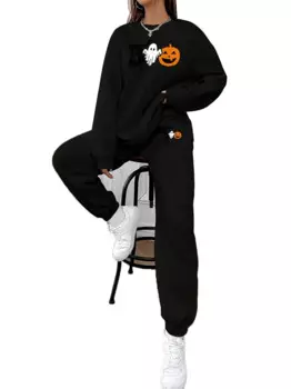 Женский пуловер с принтом Призрака и тыквы на Хэллоуин и спортивные брюки, повседневный свободный стильный женский костюм с длинными рукавами и карманами