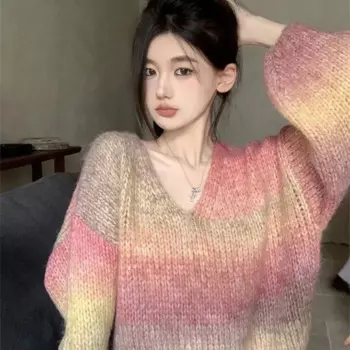 Женский пуловер с V-образным вырезом и длинным рукавом