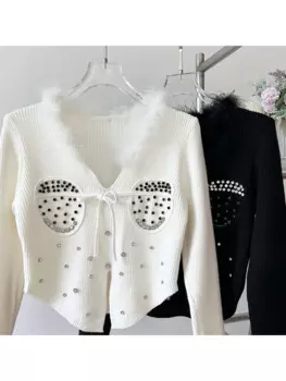 Женский пушистый джемпер с V-образным вырезом и длинным рукавом