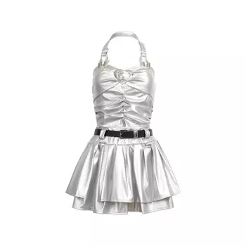 Женский серебристый костюм с жилетом и юбкой, летний комплект из 2 предметов с кожаной юбкой на пуговицах с сердечками и без рукавов, Y2K, американский костюм