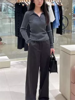 Женский серый свитер 2024, ранняя осень, полоски, длинный рукав, приталенный женский пуловер с отложным воротником и пуговицами