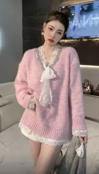 Женский серый вязаный свитер Harajuku Aesthetic Y2k с длинным рукавом и v-образным вырезом с бантом, кружевной пуловер с бисером, джемпер, осенне-зимняя одежда J170