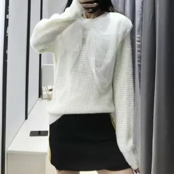 Женский сетчатый трикотажный пуловер с длинным рукавом и круглым вырезом