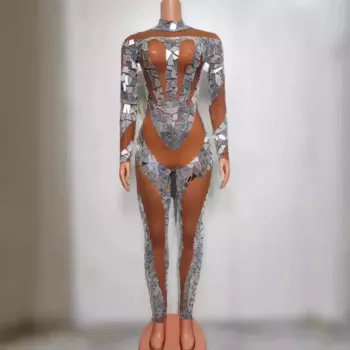 Женский сексуальный блестящий стрейчевый комбинезон с длинными рукавами, костюм на день рождения для ночного клуба, женский костюм для выступления на сцене певицы