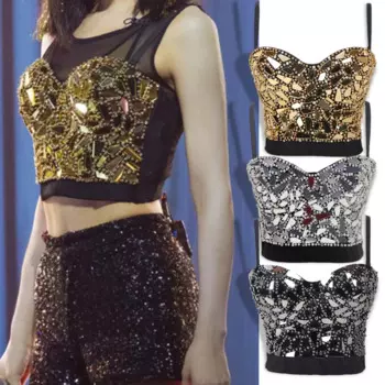 Женский сексуальный бюстгальтер с бисером и блестящими блестками, ночной клубный корсет для вечерние, укороченные топы, бюстгальтер пуш-ап со стеклянными вставками, бюстгальтер без косточек