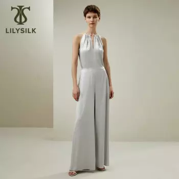 Женский Шелковый комбинезон LILYSILK с лямкой на шее, новинка весны 2024, 19 Момми, украшение с эластичной талией и цепочкой, вечерняя одежда с широкими штанинами, бесплатная доставка