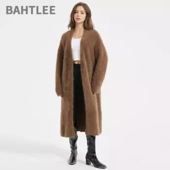 Женский шерстяной кардиган BAHTLEE-Alpaca, сверхдлинный свитер, длинные рукава, вязаный с V-образным вырезом, жаккард, зима