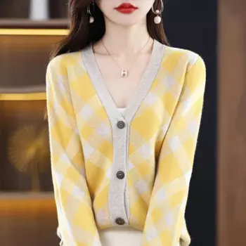 Женский шерстяной кардиган с V-образным вырезом и длинным рукавом