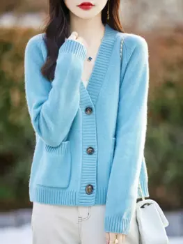 Женский шерстяной кардиган с V-образным вырезом и длинным рукавом