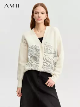 Женский шерстяной кардиган с вышивкой, V-образным вырезом