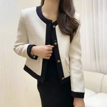 Женский шерстяной короткий костюм в полоску, однобортный твидовый блейзер с круглым вырезом на осень и весну