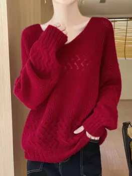 Женский шерстяной пуловер с V-образным вырезом и длинным рукавом