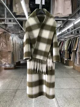 Женский шерстяной шарф в клетку, мягкое пальто с длинным рукавом и V-образным вырезом, двусторонняя свободная шерстяная куртка на осень и зиму