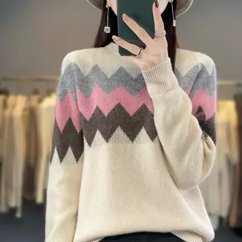 Женский шерстяной свитер, Свободный пуловер с круглым вырезом и длинным рукавом, вязаный жаккардовый свитер из 100 чистой шерсти, Осень-зима