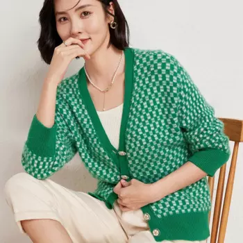 Женский шерстяной вязаный кардиган с V-образным вырезом и длинным рукавом