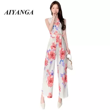 Женский шифоновый комбинезон с цветочным принтом, без рукавов