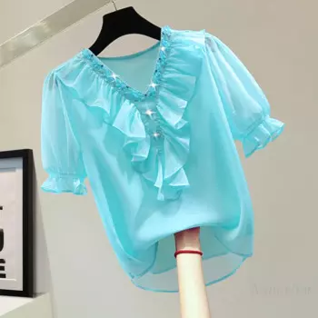 Женский шифоновый пуловер с блестками и бусинами, с V-образным вырезом