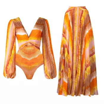 Женский шифоновый слитный купальник с длинным рукавом и V-образным вырезом