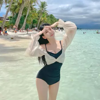 Женский слитный купальник 2024 года, сетчатая пляжная одежда в Корейском стиле, юбки, купальный костюм, женский монокини с длинным рукавом, Мягкий купальник для бассейна