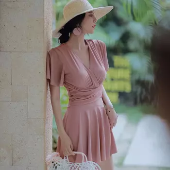 Женский слитный купальник размера плюс, однотонная Купальная юбка с V-образным вырезом, сексуальный купальный костюм, горячая весенняя одежда, купальный костюм