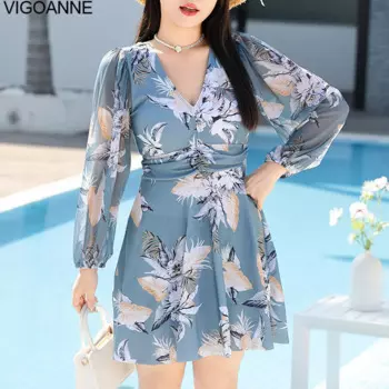 Женский слитный купальник с длинным рукавом, с принтом