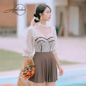 Женский слитный купальник с пуш-ап, квадратным рукавом и буффами