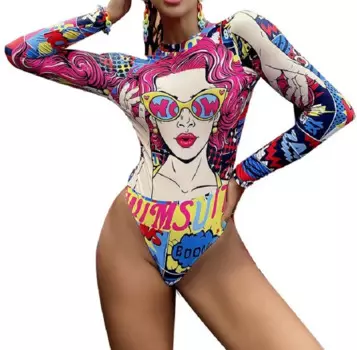 Женский слитный купальник с разноцветным граффити, купальный костюм с абстрактным принтом, длинным рукавом и высоким воротом, купальный костюм для женщин, летний бассейн