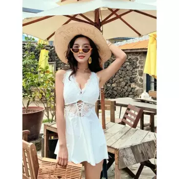 Женский слитный купальник с рукавами-фонариками и рюшами