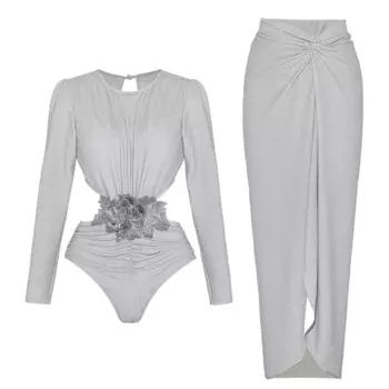 Женский слитный купальник с юбкой и длинным рукавом, сексуальный купальник-бикини с 3D цветами, Бразильский купальный костюм, бикини, лето 2024