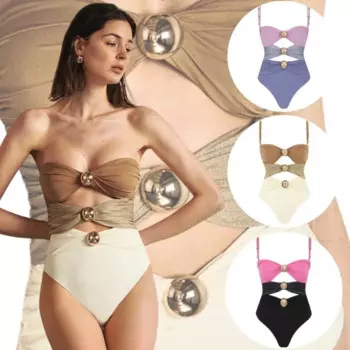 Женский слитный купальник S-XL, спортивный слитный купальник с золотой пуговицей, трехцветный сексуальный пляжный летний купальник-бикини для женщин
