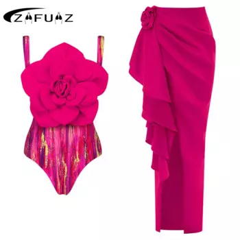 Женский сплошной купальник в ретро стиле с 3D цветами, женский купальник с юбкой, монокини, боди, Бразильский купальный костюм, пляжная одежда, 2024