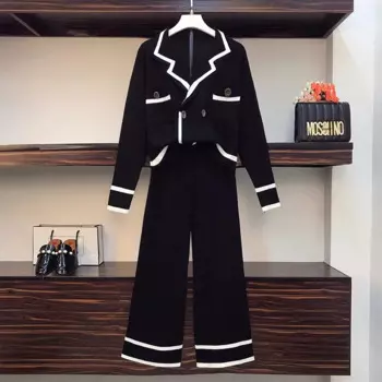 Женский спортивный костюм Insozkdg, комплект из 2 предметов, двубортный короткий топ и брюки с широкими штанинами, вязаные цветные костюмы на весну и осень