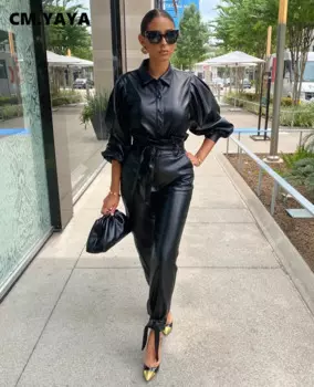 Женский спортивный костюм из двух предметов, комплект из двух предметов из искусственной кожи, топ с рукавами-фонариками и брюки, уличный тренировочный костюм на осень и зиму