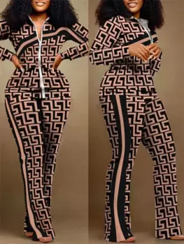 Женский спортивный костюм с геометрическим принтом, повседневный элегантный комплект из двух предметов, кофта на молнии и штаны, весна-осень 2023