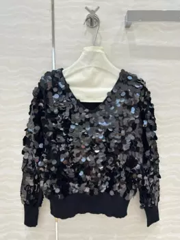 Женский свитер 2024, осенняя новинка, женский топ с длинными рукавами и бисером ручной работы, эластичный трикотаж, тонкий пуловер с v-образным вырезом, шерстяной трикотаж