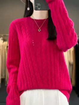 Женский свитер из 100% мериносовой шерсти, осенне-зимний плотный пуловер с круглым вырезом и длинным рукавом, вязаный кашемировый джемпер с цветочным принтом в Корейском стиле