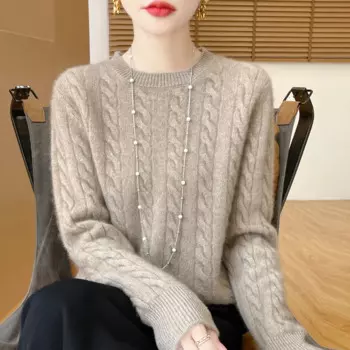 Женский свитер из 100% мериносовой шерсти с круглым вырезом, однотонный плотный вязаный пуловер свободного покроя с длинными рукавами, джемпер на осень и зиму