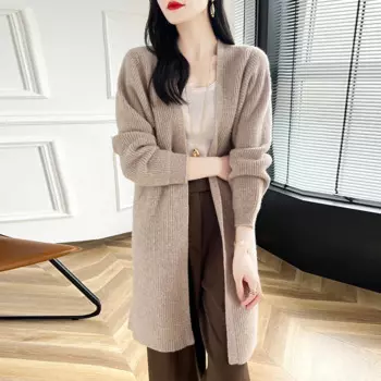 Женский свитер из 100% мериносовой шерсти, теплый вязаный кардиган без пуговиц с круглым вырезом, Осень-зима