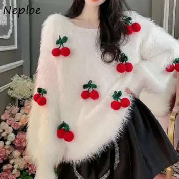 Женский свитер Neploe Y2k, однотонный джемпер с круглым вырезом и длинными рукавами, повседневный свободный свитер с клубничным принтом, для осени и зимы