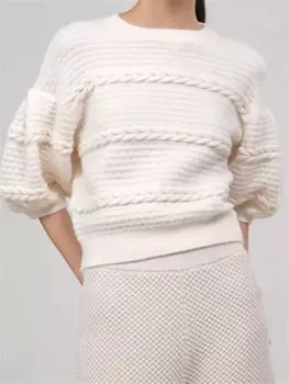 Женский свитер, новинка 2023, универсальный элегантный пуловер с рукавами-фонариками и круглым вырезом