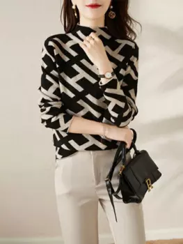 Женский свитер, новинка сезона осень-зима 2023, пуловеры в клетку, Женский офисный вязаный пуловер с длинным рукавом и высоким воротником