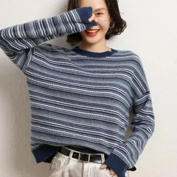 Женский свитер, новинка сезона осень-зима 2023, модные пуловеры в полоску, 100% кашемировые свитера, женский свободный вязаный джемпер, топы с длинным рукавом