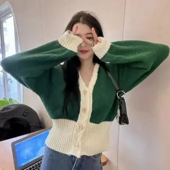 Женский свитер с длинным рукавом, повседневный свободный свитер, вязаный кардиган, зеленый женский джемпер в Корейском стиле