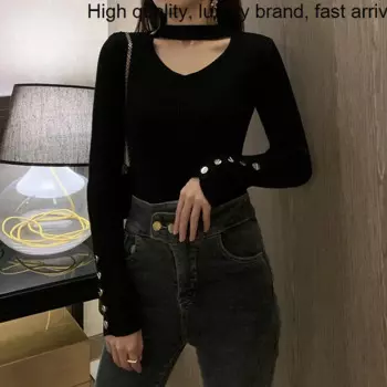 Женский свитер с V-образным вырезом, черный элегантный Трикотажный свитер с длинным рукавом, Осень-зима 2023