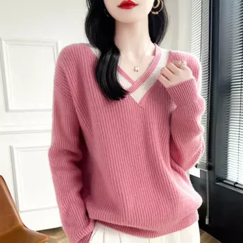 Женский свитер с V-образным вырезом, из 100% шерсти