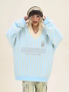 Женский свитер в полоску с V-образным вырезом, осень 2024