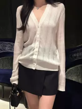 Женский свитер в стиле девушки, милый, приталенный, эластичный, облегающий, с длинным рукавом, кашемировый вязаный кардиган с V-образным вырезом