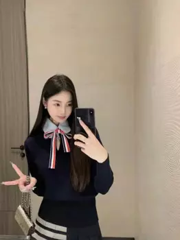 Женский свитер в стиле колледжа, Модный милый темпераментный пуловер из двух частей с воротником-рубашкой и бантом