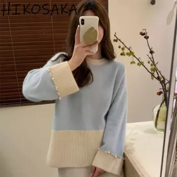 Женский свитер в стиле ретро, однотонный пуловер во французском стиле с длинным рукавом и бусинами, простой джемпер с круглым вырезом, Осень-зима 2024